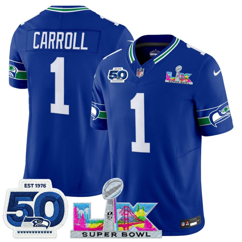 Men's Seattle Seahawks #1 Pete Carroll Royal 2025 F.U.S.E. Super Bowl LX Patch And 50th Season Patch Vapor Throwback Limited Stitched Football Jersey