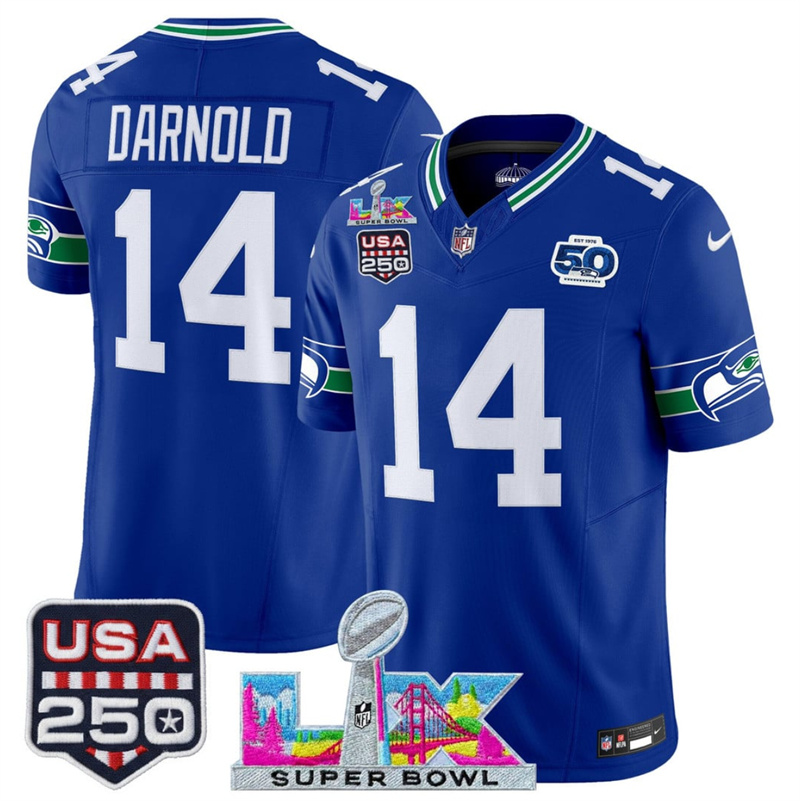 Men's Seattle Seahawks #14 Sam Darnold Royal 2025 F.U.S.E. Super Bowl LX Patch And 50th Season & USA 250' Patch Vapor Throwback Limited Stitched Football Jersey Men's Seattle Seahawks #14 Sam Darnold Royal 2025 F.U.S.E. Super Bowl LX Patch And 50th Season & USA 250' Patch Vapor Throwback Limited Stitched Football Jersey