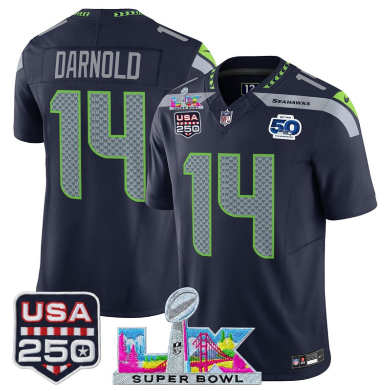 Men's Seattle Seahawks #14 Sam Darnold Navy 2025 F.U.S.E. Super Bowl LX Patch And 50th Season & USA 250' Patch Vapor Throwback Limited Stitched Football Jersey Men's Seattle Seahawks #14 Sam Darnold Navy 2025 F.U.S.E. Super Bowl LX Patch And 50th Season & USA 250' Patch Vapor Throwback Limited Stitched Football Jersey