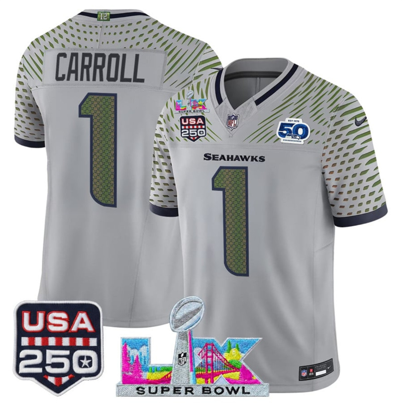 Men's Seattle Seahawks #1 Pete Carroll Gray 2025 F.U.S.E. Super Bowl LX & US 250th anniversary Patch And 50th Season Patch “Rivalries” Vapor Limited Football Stitched Jerse