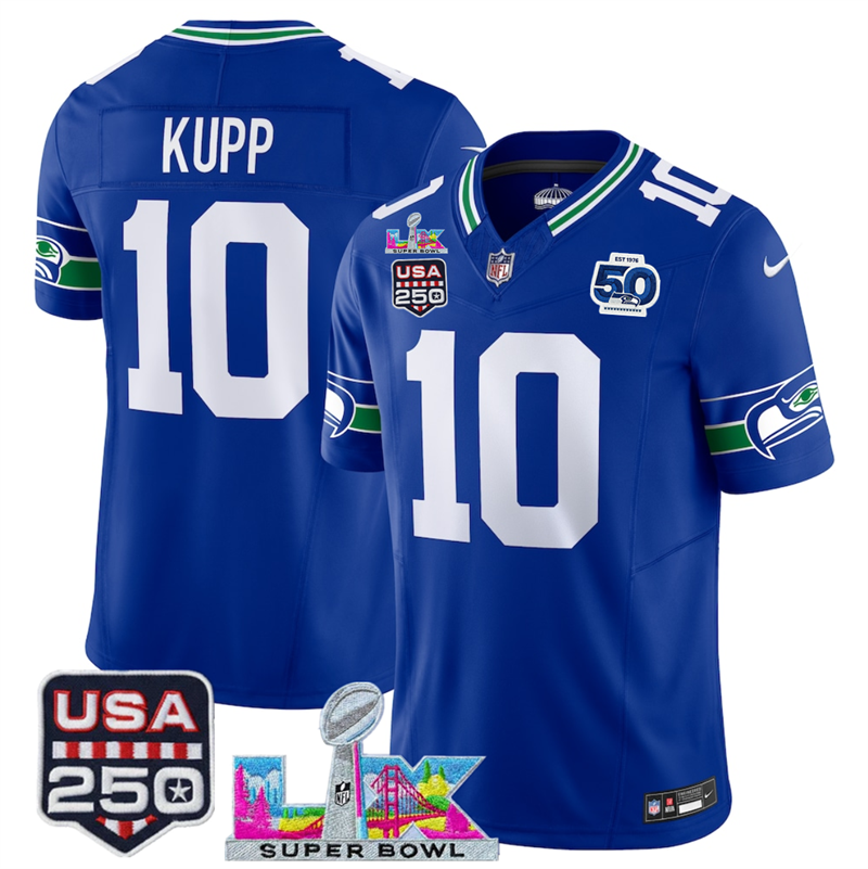 Men's Seattle Seahawks #10 Cooper Kupp Royal 2025 F.U.S.E. Super Bowl LX Patch And 50th Season Patch Vapor Throwback Limited Stitched Football Jersey