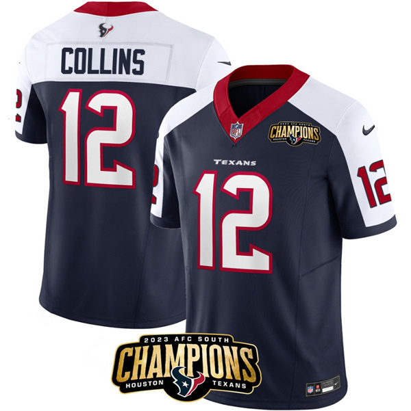Men's Houston Texans #12 Nico Collins Navy/White 2023 F.U.S.E. AFC South Champions Patch Limited Stitched Football Jersey Men's Houston Texans #12 Nico Collins Navy/White 2023 F.U.S.E. AFC South Champions Patch Limited Stitched Football Jersey