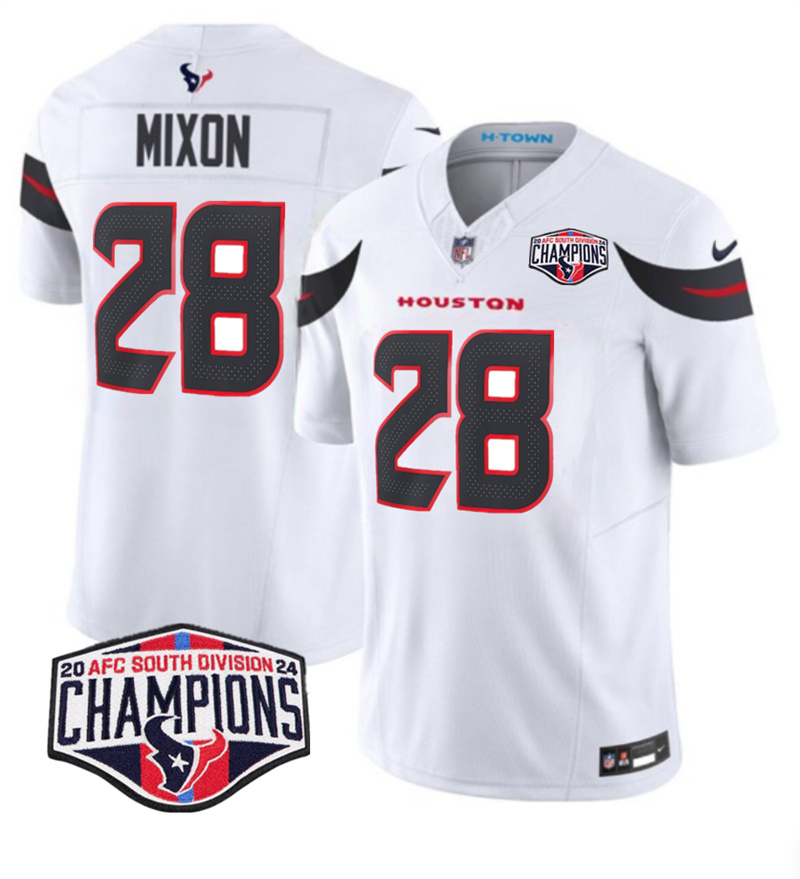 Men's Houston Texans #28 Joe Mixon White F.U.S.E. 2024 AFC South Division Champions Vapor Limited Stitched Football Jersey Men's Houston Texans #28 Joe Mixon White F.U.S.E. 2024 AFC South Division Champions Vapor Limited Stitched Football Jersey