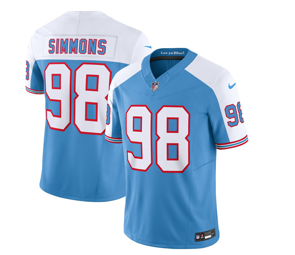 Men's Tennessee Titans #98 Jeffery Simmons Blue/White 2023 F.U.S.E. Vapor Limited Throwback Stitched Football Jersey Men's Tennessee Titans #98 Jeffery Simmons Blue/White 2023 F.U.S.E. Vapor Limited Throwback Stitched Football Jersey