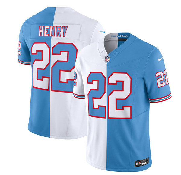 Men's Tennessee Titans #22 Derrick Henry White/Blue 2023 F.U.S.E. Split Vapor Limited Throwback Stitched Football Jersey Men's Tennessee Titans #22 Derrick Henry White/Blue 2023 F.U.S.E. Split Vapor Limited Throwback Stitched Football Jersey