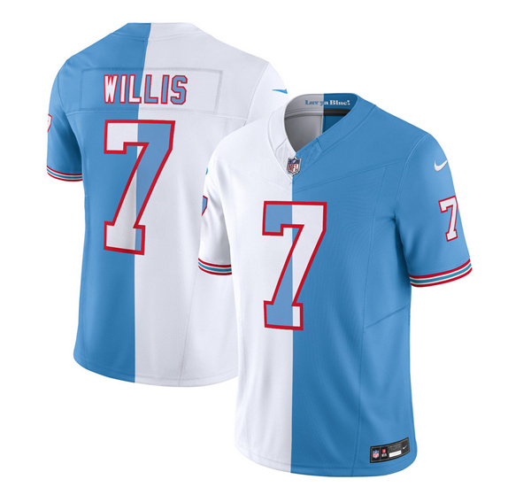Men's Tennessee Titans #7 Malik Willis White/Blue 2023 F.U.S.E. Split Vapor Limited Throwback Stitched Football Jersey Men's Tennessee Titans #7 Malik Willis White/Blue 2023 F.U.S.E. Split Vapor Limited Throwback Stitched Football Jersey