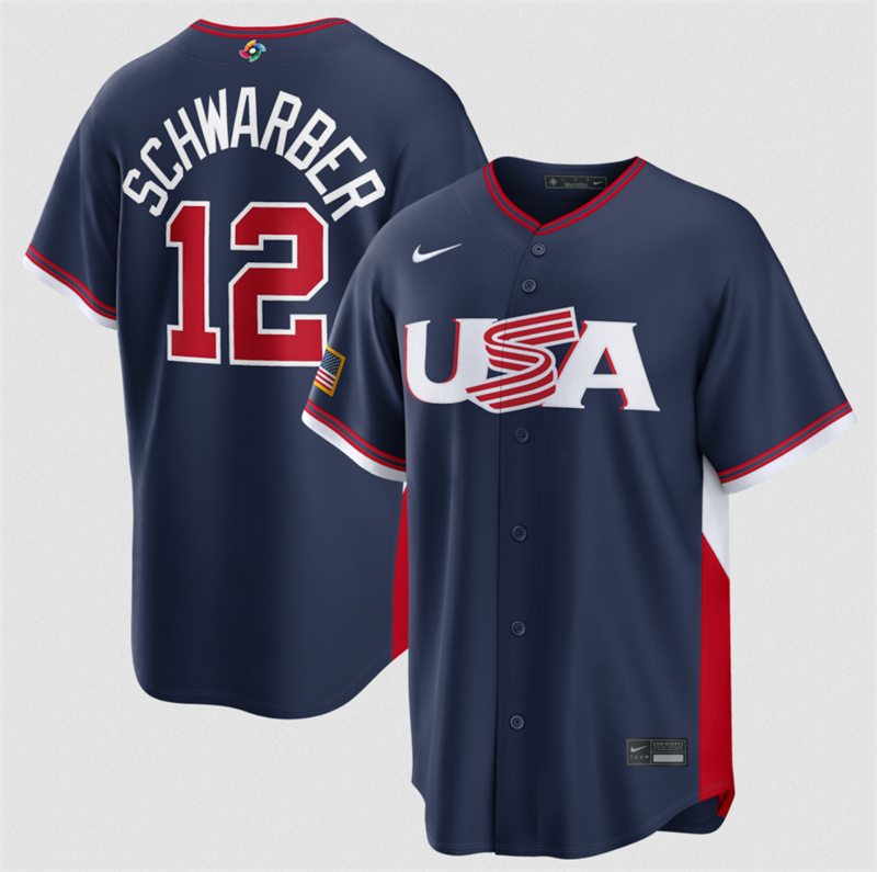 Men's USA Baseball #12 Kyle Schwarber Navy 2026 World Baseball Classic Road Stadium Stitched Jersey Men's USA Baseball #12 Kyle Schwarber Navy 2026 World Baseball Classic Road Stadium Stitched Jersey