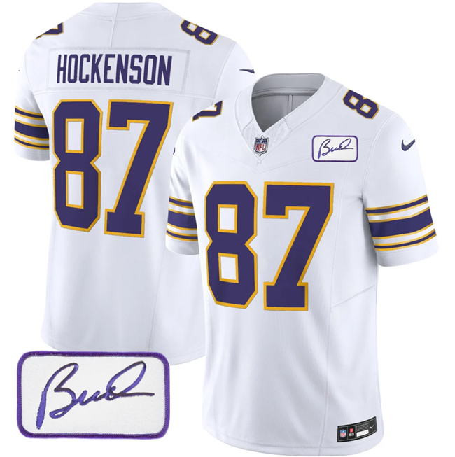 Men's Minnesota Vikings #87 T.J. Hockenson White 2023 F.U.S.E. Bud Grant patch Vapor Limited Stitched Jersey Men's Minnesota Vikings #87 T.J. Hockenson White 2023 F.U.S.E. Bud Grant patch Vapor Limited Stitched Jersey