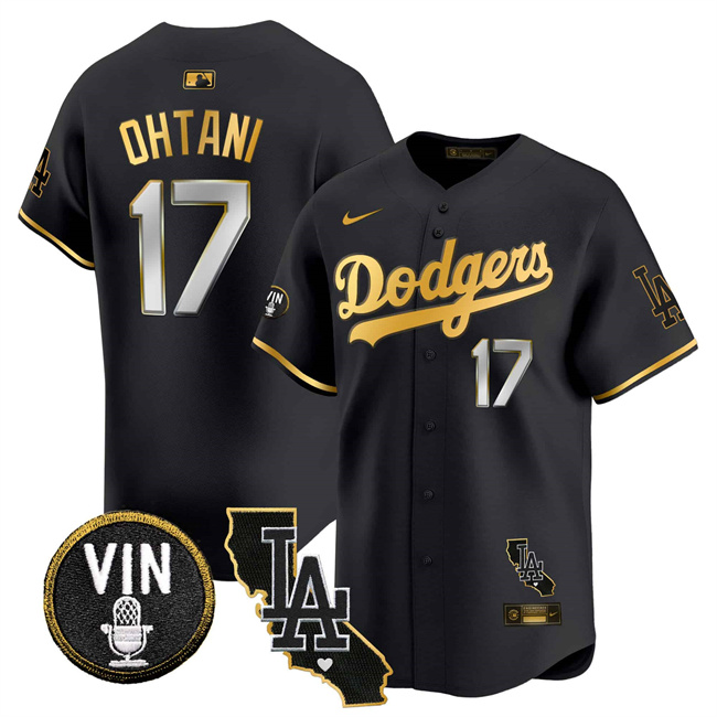 Men's Los Angeles Dodgers #17 Shohei Ohtani Black/Gold Vin & California Patch Vapor Limited Stitched Baseball Jersey Men's Los Angeles Dodgers #17 Shohei Ohtani Black/Gold Vin & California Patch Vapor Limited Stitched Baseball Jersey