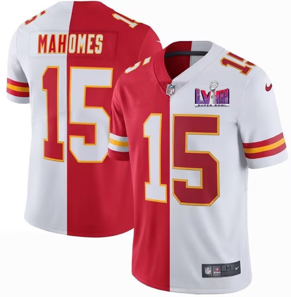 Men's Kansas City Chiefs #15 Patrick Mahomes Red & White Split Super Bowl LVIII Patch Limited Stitched Jersey Men's Kansas City Chiefs #15 Patrick Mahomes Red & White Split Super Bowl LVIII Patch Limited Stitched Jersey