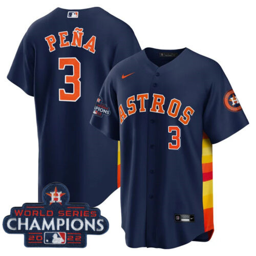 Men's Houston Astros #3 Jeremy Peña Navy 2022 World Series Champions Cool Base With No. In Front Stitched Baseball Jersey Men's Houston Astros #3 Jeremy Peña Navy 2022 World Series Champions Cool Base With No. In Front Stitched Baseball Jersey