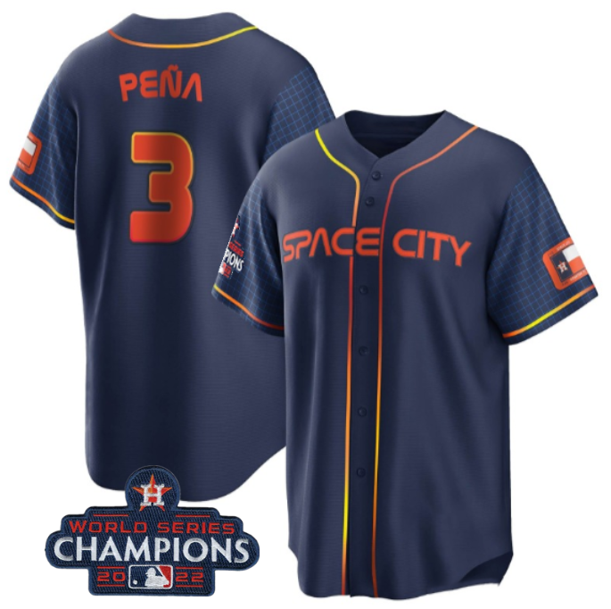 Men's Houston Astros #3 Jeremy Peña Navy 2022 World Series Champions City Connect Stitched Baseball Jersey Men's Houston Astros #3 Jeremy Peña Navy 2022 World Series Champions City Connect Stitched Baseball Jersey