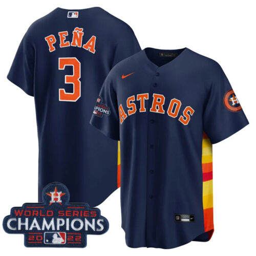 Men's Houston Astros #3 Jeremy Peña Navy 2022 World Series Champions Cool Base Stitched Baseball Jersey Men's Houston Astros #3 Jeremy Peña Navy 2022 World Series Champions Cool Base Stitched Baseball Jersey