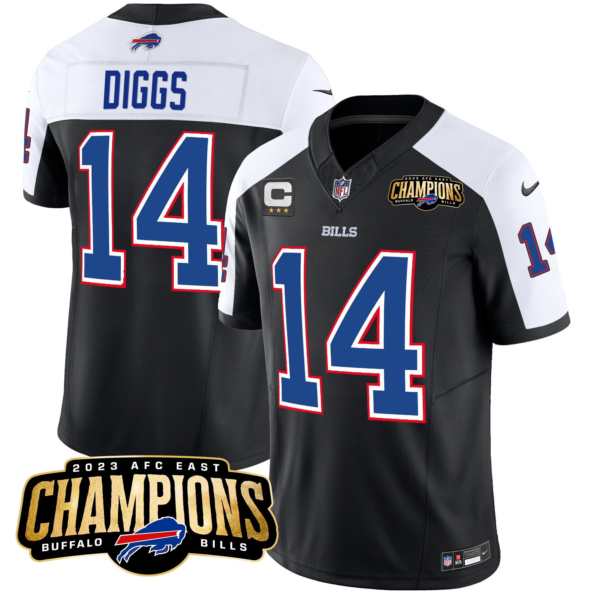 Men's Buffalo Bills #14 Stefon Diggs Black/White 2023 F.U.S.E. AFC East Champions With 3-star C Ptach Stitched Football Jersey Men's Buffalo Bills #14 Stefon Diggs Black/White 2023 F.U.S.E. AFC East Champions With 3-star C Ptach Stitched Football Jersey