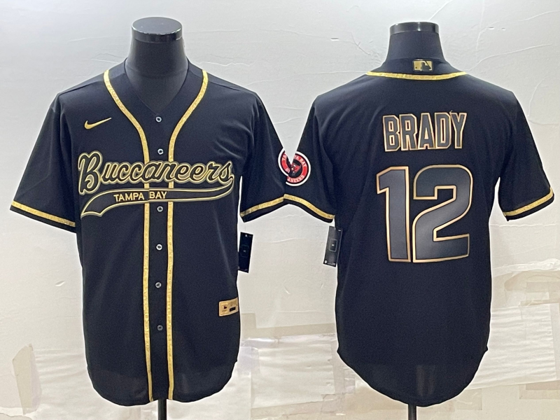 Men's Tampa Bay Buccaneers #12 Tom Brady Black Gold With Patch Cool Base Stitched Baseball Jersey Men's Tampa Bay Buccaneers #12 Tom Brady Black Gold With Patch Cool Base Stitched Baseball Jersey