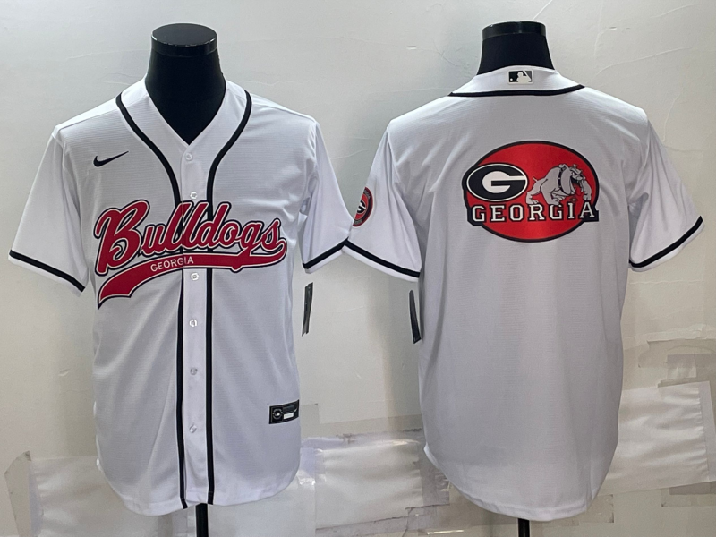 Men's Georgia Bulldogs White Team Big Logo With Patch Cool Base Stitched Baseball Jersey Men's Georgia Bulldogs White Team Big Logo With Patch Cool Base Stitched Baseball Jersey
