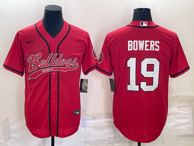 Men's Georgia Bulldogs #19 Brock Bowers Red With Patch Cool Base Stitched Baseball Jersey Men's Georgia Bulldogs #19 Brock Bowers Red With Patch Cool Base Stitched Baseball Jersey