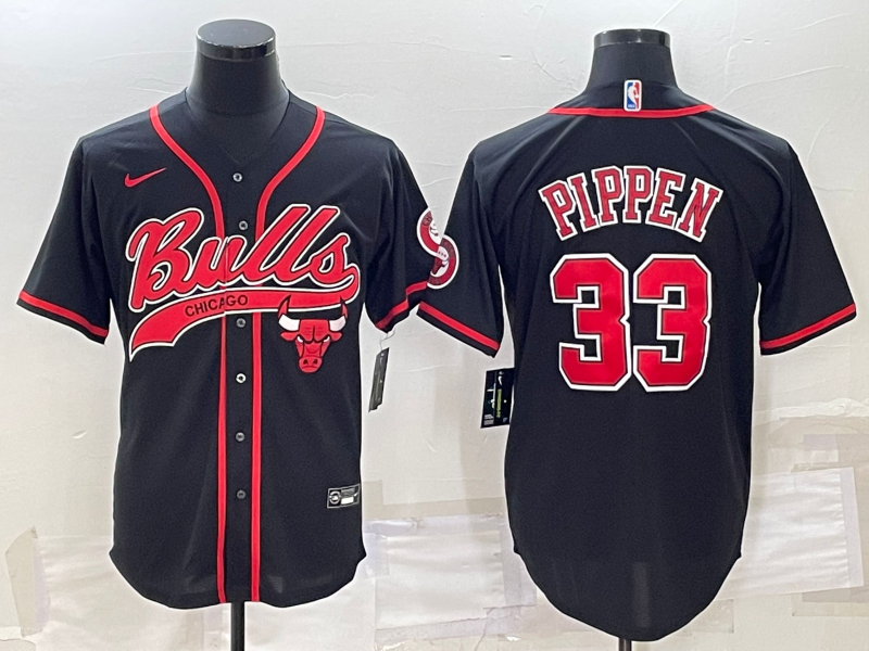 Men's Chicago Bulls #33 Scottie Pippen Black With Patch Cool Base Stitched Baseball Jersey Men's Chicago Bulls #33 Scottie Pippen Black With Patch Cool Base Stitched Baseball Jersey