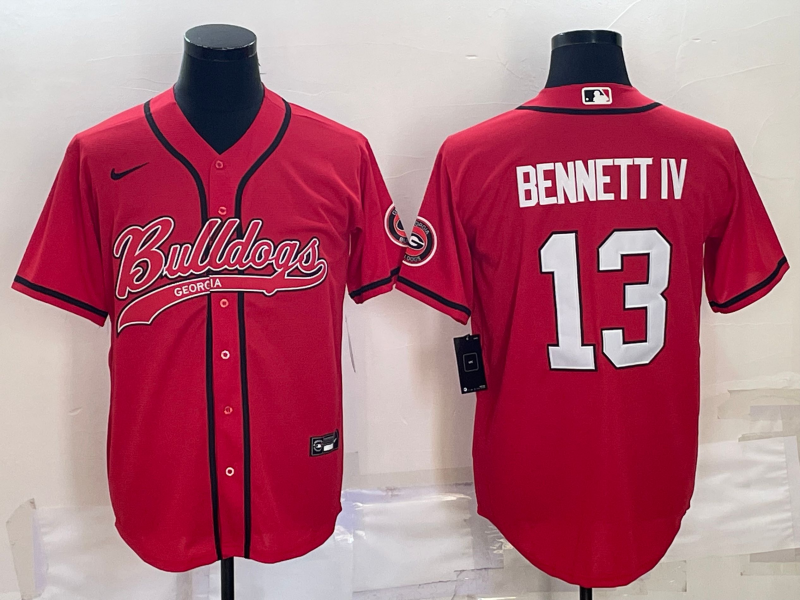 Men's Georgia Bulldogs #13 Stetson Bennett Red With Patch Cool Base Stitched Baseball Jersey Men's Georgia Bulldogs #13 Stetson Bennett Red With Patch Cool Base Stitched Baseball Jersey