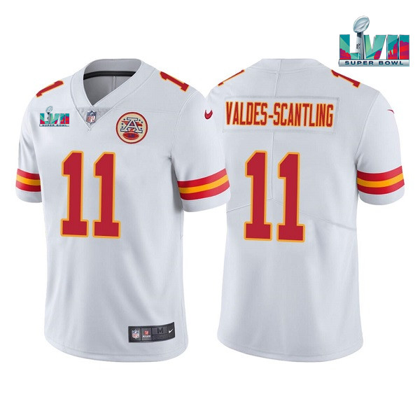 Men’s Kansas City Chiefs #11 Marquez Valdes-Scantling White Super Bowl LVII Patch Vapor Untouchable Limited Stitched Jersey Men’s Kansas City Chiefs #11 Marquez Valdes-Scantling White Super Bowl LVII Patch Vapor Untouchable Limited Stitched Jersey