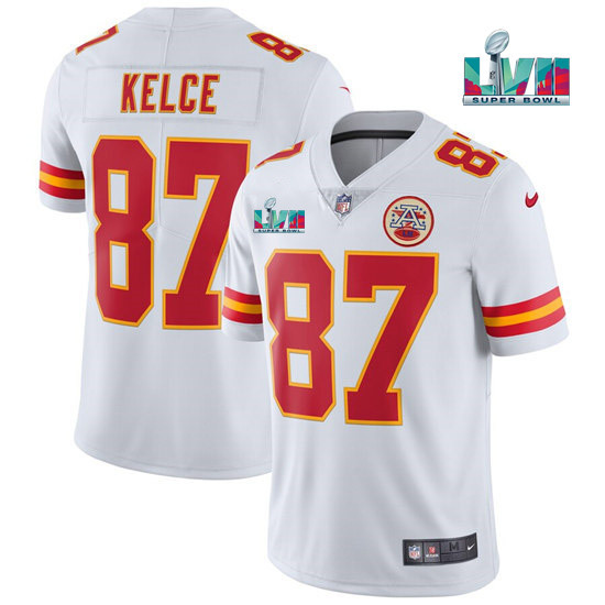 Men’s Kansas City Chiefs #87 Travis Kelce White Super Bowl LVII Patch Vapor Untouchable Limited Stitched Jersey Men’s Kansas City Chiefs #87 Travis Kelce White Super Bowl LVII Patch Vapor Untouchable Limited Stitched Jersey
