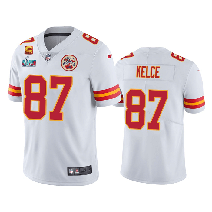 Men’s Kansas City Chiefs #87 Travis Kelce White Super Bowl LVII Patch And 4-star C Patch Vapor Untouchable Limited Stitched Jersey Men’s Kansas City Chiefs #87 Travis Kelce White Super Bowl LVII Patch And 4-star C Patch Vapor Untouchable Limited Stitched Jersey
