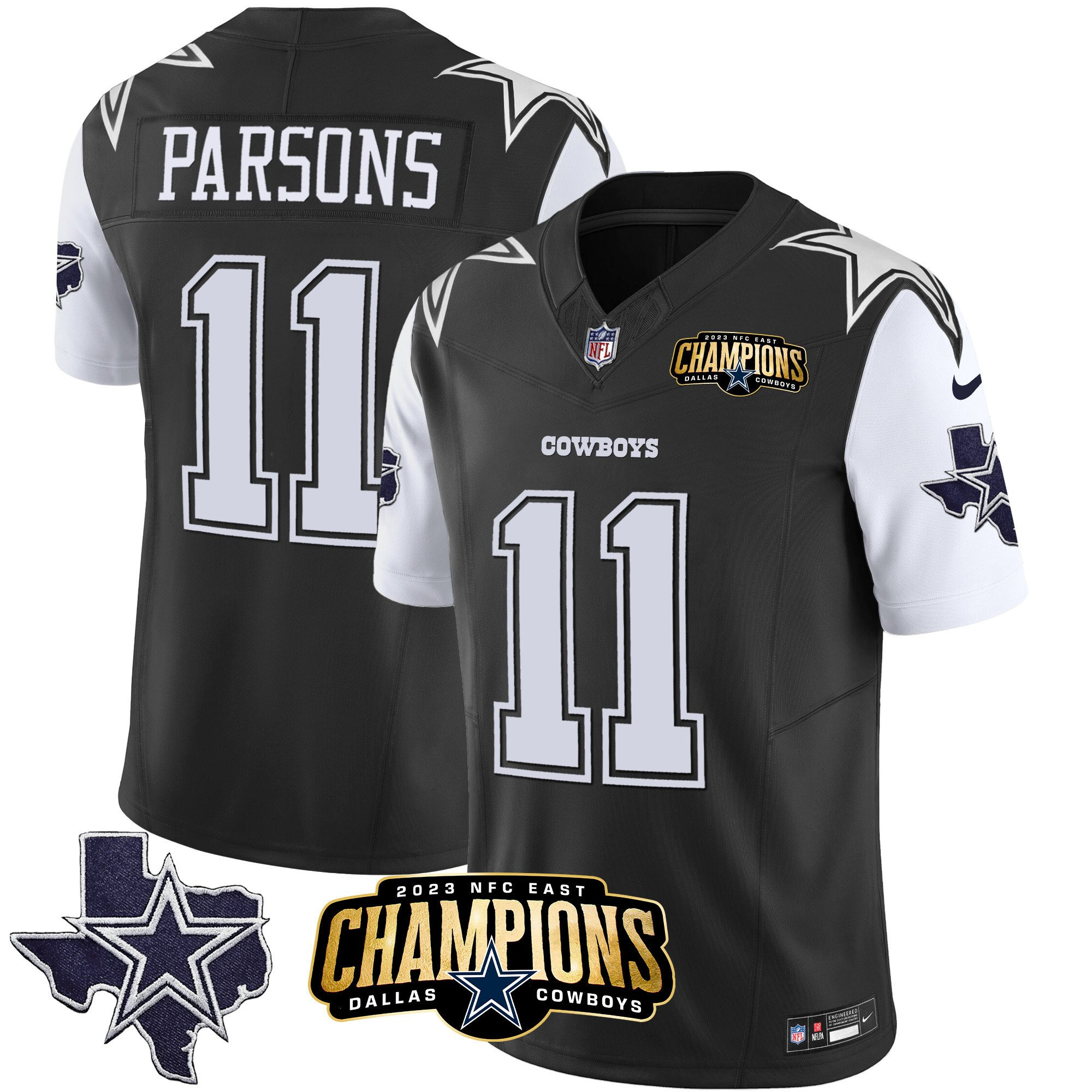 Men's Dallas Cowboys #11 Micah Parsons Black/White 2023 F.U.S.E. NFC East Champions Patch Stitched Football Jersey Men's Dallas Cowboys #11 Micah Parsons Black/White 2023 F.U.S.E. NFC East Champions Patch Stitched Football Jersey