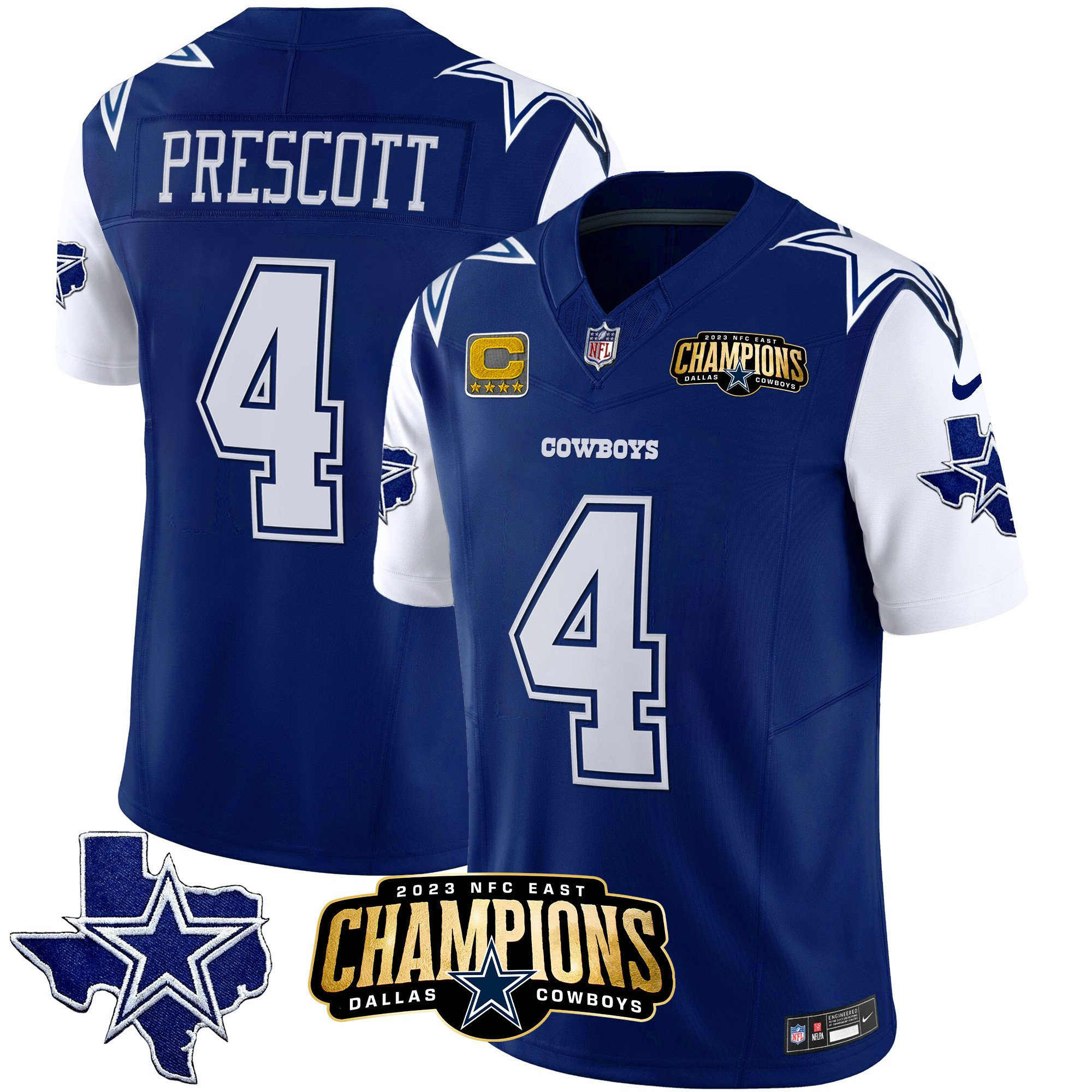 Men's Dallas Cowboys #4 Dak Prescott Blue/White 2023 F.U.S.E. NFC East Champions With 4-star C Ptach Stitched Football Jersey Men's Dallas Cowboys #4 Dak Prescott Blue/White 2023 F.U.S.E. NFC East Champions With 4-star C Ptach Stitched Football Jersey