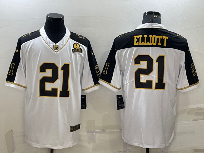 Men's Dallas Cowboys #21 Ezekiel Elliott White Gold Edition With 1960 Patch Limited Stitched Football Jersey Men's Dallas Cowboys #21 Ezekiel Elliott White Gold Edition With 1960 Patch Limited Stitched Football Jersey