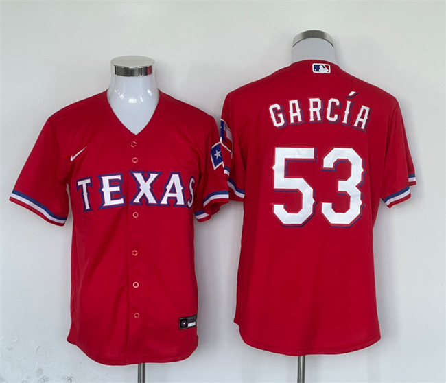 Men's Texas Rangers #53 Adolis García Red With Patch Cool Base Stitched Baseball Jersey Men's Texas Rangers #53 Adolis García Red With Patch Cool Base Stitched Baseball Jersey