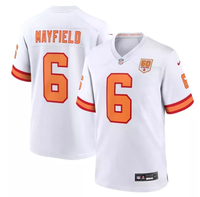 Men's Tampa Bay Buccaneers #6 Baker Mayfield White 50th Anniversary Patch Limited Stitched Football Jersey Men's Tampa Bay Buccaneers #6 Baker Mayfield White 50th Anniversary Patch Limited Stitched Football Jersey