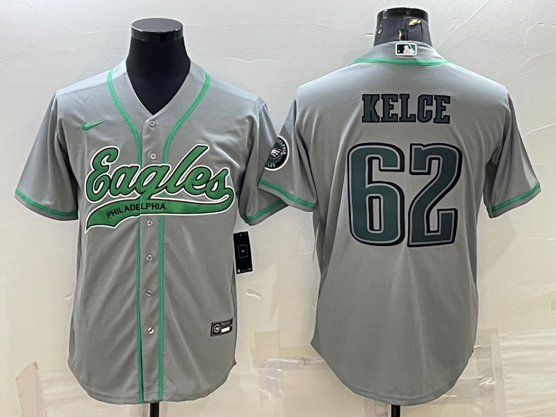 Men's Philadelphia Eagles #62 Jason Kelce Gray With Patch Cool Base Stitched Baseball Jersey Men's Philadelphia Eagles #62 Jason Kelce Gray With Patch Cool Base Stitched Baseball Jersey
