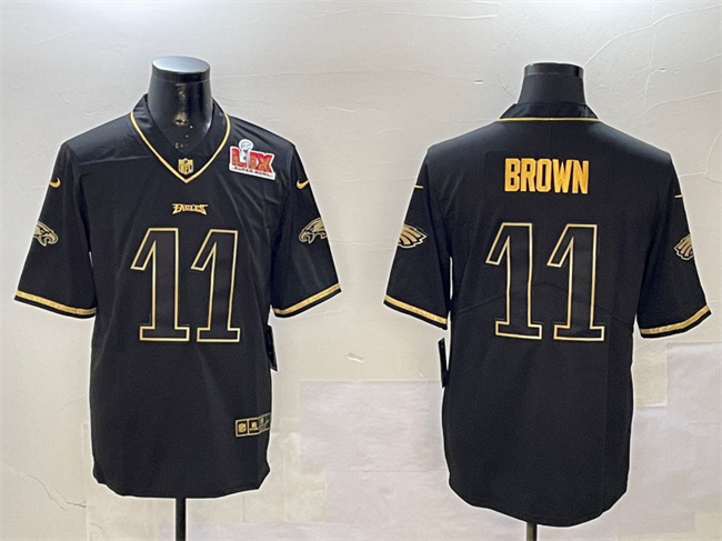 Men's Philadelphia Eagles #11 A. J. Brown Black/Gold 2025 Super Bowl LIX Patch Salute To Service Vapor Untouchable Limited Stitc