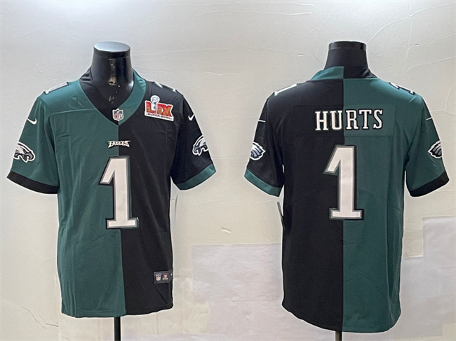 Men's Philadelphia Eagles #1 Jalen Hurts Green & Black Split 2025 Super Bowl LIX Patch Vapor Untouchable Limited Stitched Football Jersey Men's Philadelphia Eagles #1 Jalen Hurts Green & Black Split 2025 Super Bowl LIX Patch Vapor Untouchable Limited Stitched Football Jersey