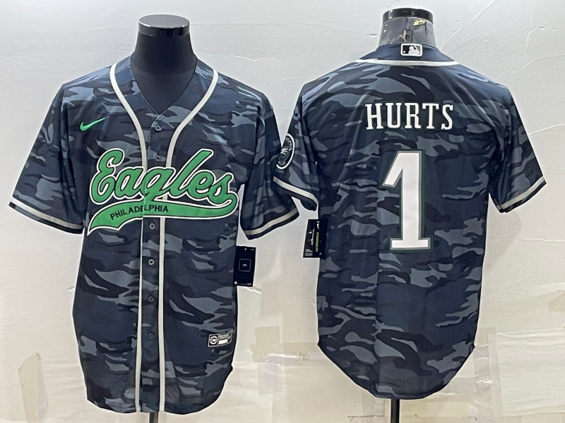 Men's Philadelphia Eagles #1 Jalen Hurts Grey Camo With Patch Cool Base Stitched Baseball Jersey Men's Philadelphia Eagles #1 Jalen Hurts Grey Camo With Patch Cool Base Stitched Baseball Jersey
