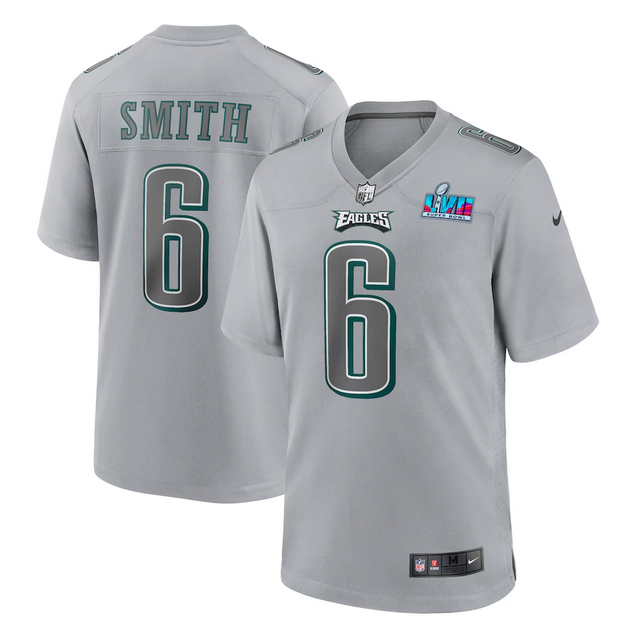 Men's Philadelphia Eagles #6 DeVonta Smith Grey Super Bowl LVII Patch Atmosphere Fashion Stitched Game Jersey Men's Philadelphia Eagles #6 DeVonta Smith Grey Super Bowl LVII Patch Atmosphere Fashion Stitched Game Jersey