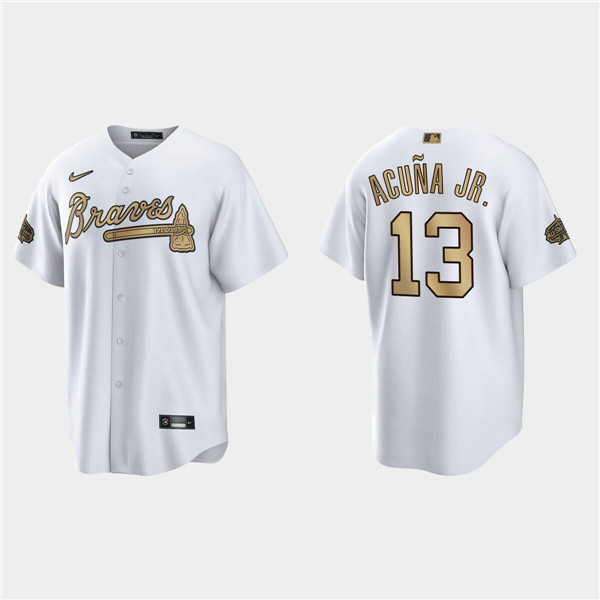 Men's Atlanta Braves #13 Ronald Acuna Jr. 2022 All-Star White Cool Base Stitched Baseball Jersey Men's Atlanta Braves #13 Ronald Acuna Jr. 2022 All-Star White Cool Base Stitched Baseball Jersey