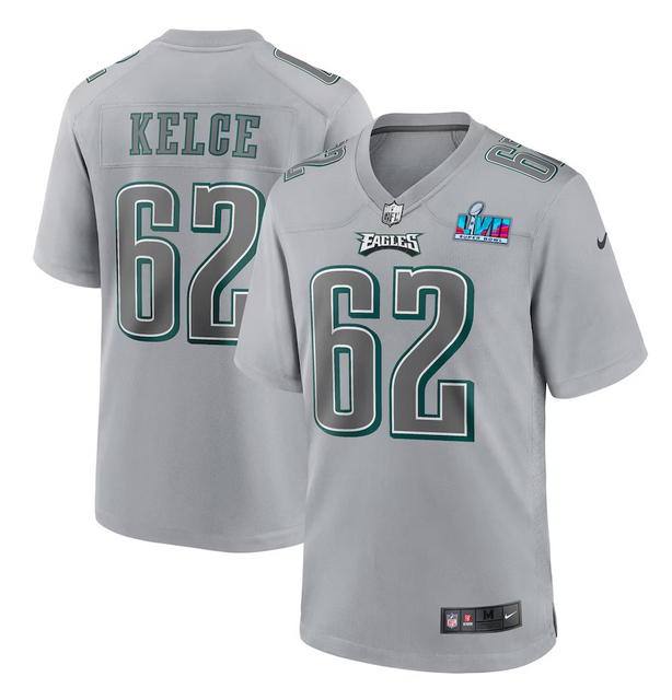 Men's Philadelphia Eagles #62 Jason Kelce Grey Super Bowl LVII Patch Atmosphere Fashion Stitched Game Jersey Men's Philadelphia Eagles #62 Jason Kelce Grey Super Bowl LVII Patch Atmosphere Fashion Stitched Game Jersey