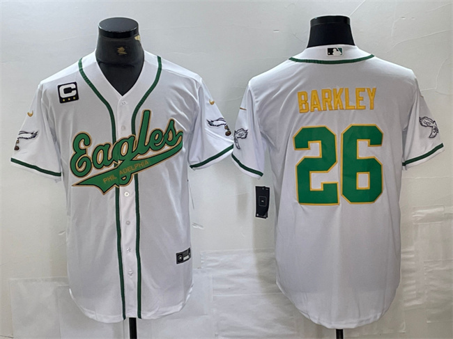 Men's Philadelphia Eagles #26 Saquon Barkley White/Gold With 3-star C Patch Cool Base Stitched Baseball Jersey Men's Philadelphia Eagles #26 Saquon Barkley White/Gold With 3-star C Patch Cool Base Stitched Baseball Jersey