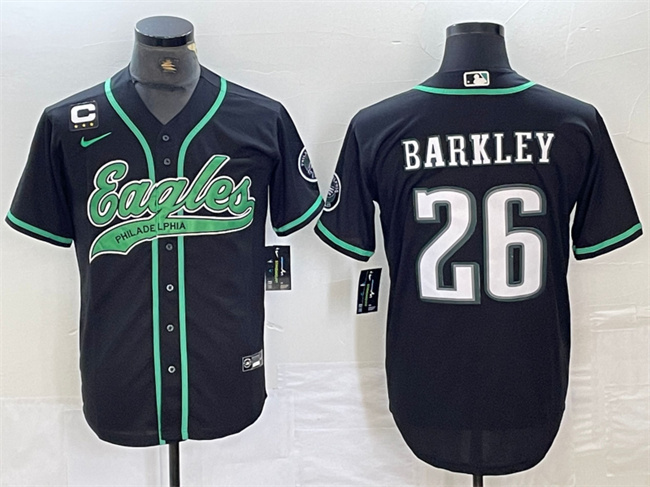 Men's Philadelphia Eagles #26 Saquon Barkley Black With 3-star C Patch Cool Base Stitched Baseball Jersey Men's Philadelphia Eagles #26 Saquon Barkley Black With 3-star C Patch Cool Base Stitched Baseball Jersey