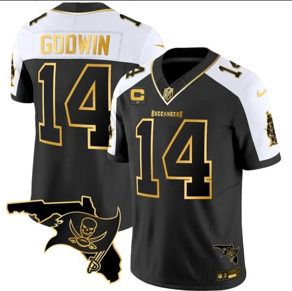 Men's Tampa Bay Buccaneers #14 Chris Godwin Black/White With 1-Star C Patch Limited Stitched Football Jersey Men's Tampa Bay Buccaneers #14 Chris Godwin Black/White With 1-Star C Patch Limited Stitched Football Jersey