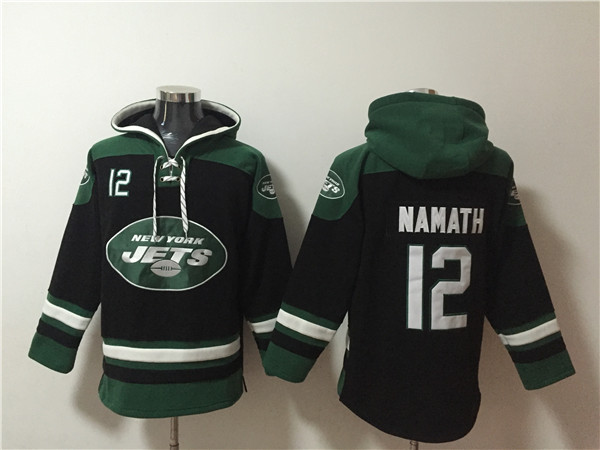 Men's New York Jets #12 Joe Namath Black Ageless Must-Have Lace-Up Pullover Hoodie Men's New York Jets #12 Joe Namath Black Ageless Must-Have Lace-Up Pullover Hoodie