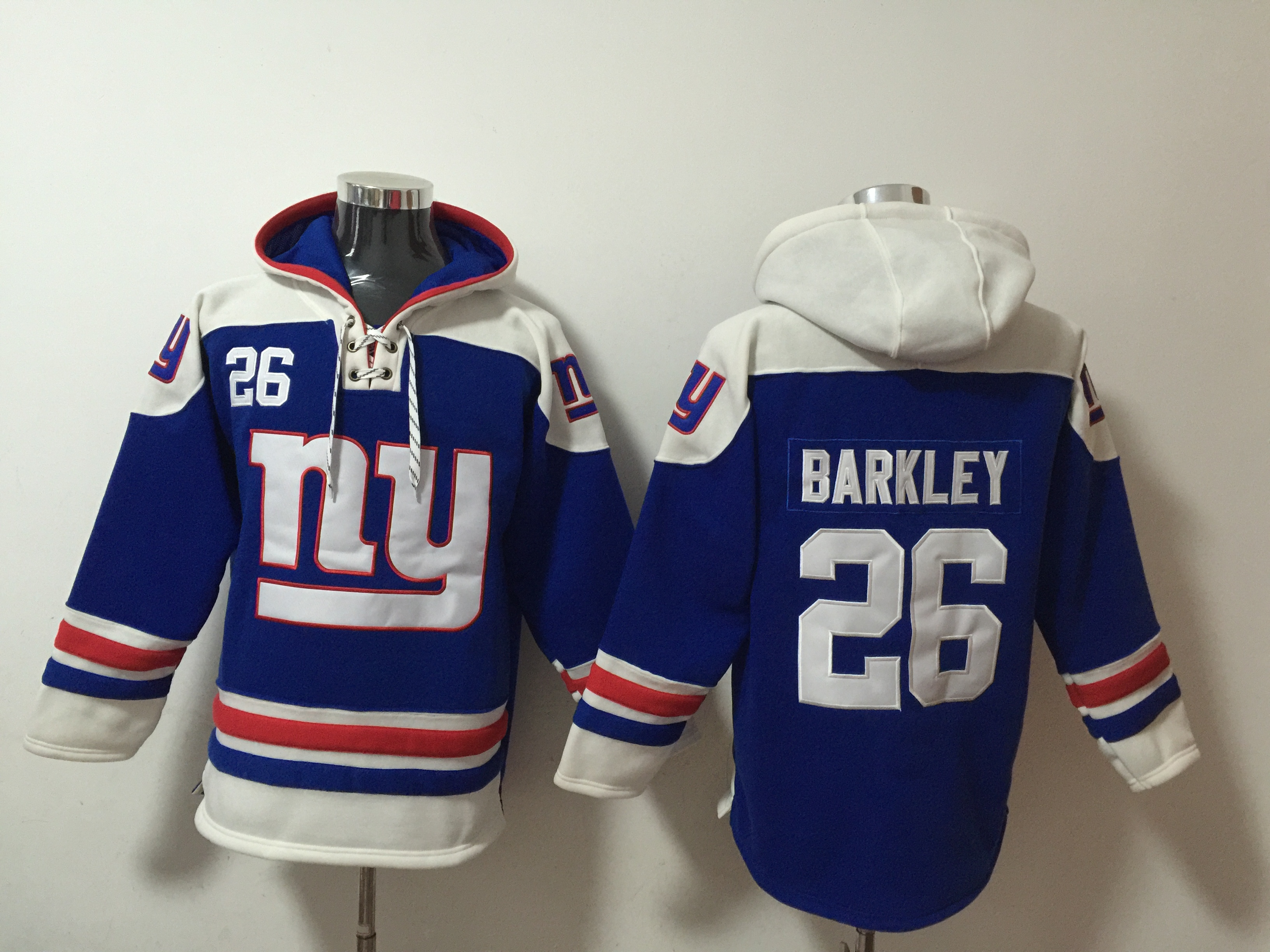 Men's New York Giants #26 Saquon Barkley Blue Lace-Up Pullover Hoodie Men's New York Giants #26 Saquon Barkley Blue Lace-Up Pullover Hoodie