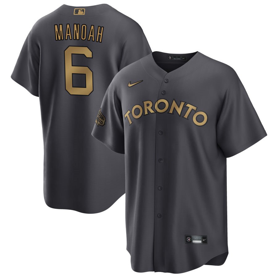 Men's Toronto Blue Jays #6 Alek Manoah 2022 All-Star Charcoal Cool Base Stitched Baseball Jersey Men's Toronto Blue Jays #6 Alek Manoah 2022 All-Star Charcoal Cool Base Stitched Baseball Jersey