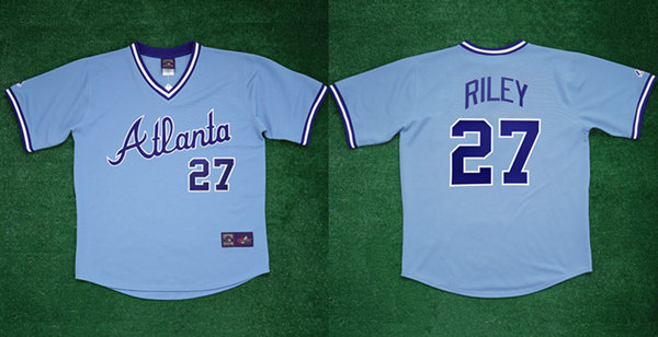 Men's Atlanta Braves #27 Austin Riley 1982 Light Blue Cool Base Stitched Baseball Jersey Men's Atlanta Braves #27 Austin Riley 1982 Light Blue Cool Base Stitched Baseball Jersey
