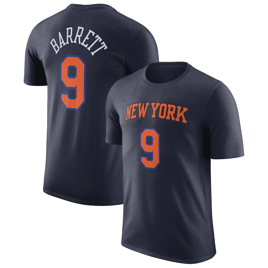 Men's New Yok Knicks #9 RJ Barrett Navy 2022/23 Statement Edition Name & Number T-Shirt Men's New Yok Knicks #9 RJ Barrett Navy 2022/23 Statement Edition Name & Number T-Shirt