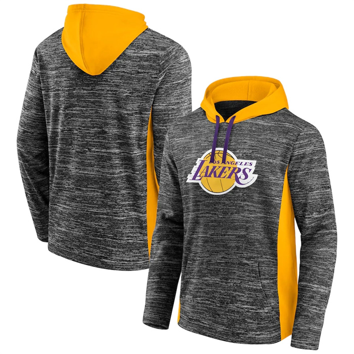 Men's Los Angeles Lakers Heathered Charcoal Gold Instant Replay Color Block Pullover Hoodie Men's Los Angeles Lakers Heathered Charcoal Gold Instant Replay Color Block Pullover Hoodie