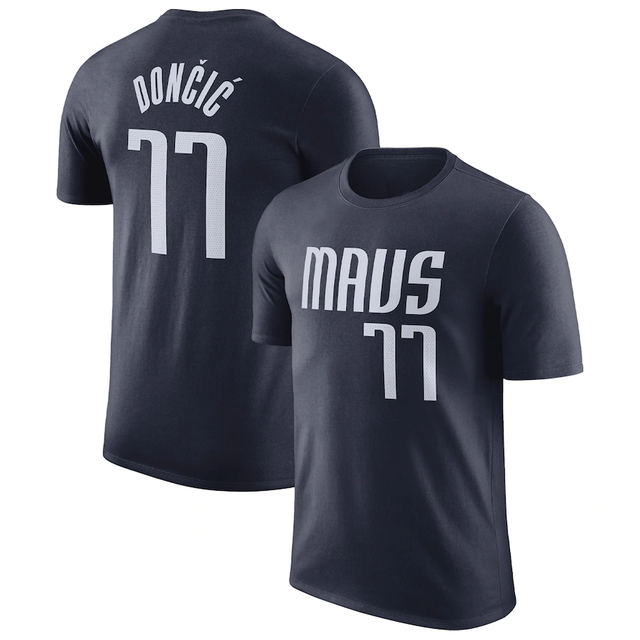 Men's Dallas Mavericks #77 Luka Doncic Navy 2022/23 Statement Edition Name & Number T-Shirt Men's Dallas Mavericks #77 Luka Doncic Navy 2022/23 Statement Edition Name & Number T-Shirt