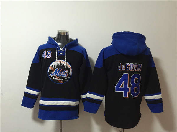 Men's New York Mets #48 Jacob DeGrom Black/Blue Ageless Must-Have Lace-Up Pullover Hoodie Men's New York Mets #48 Jacob DeGrom Black/Blue Ageless Must-Have Lace-Up Pullover Hoodie
