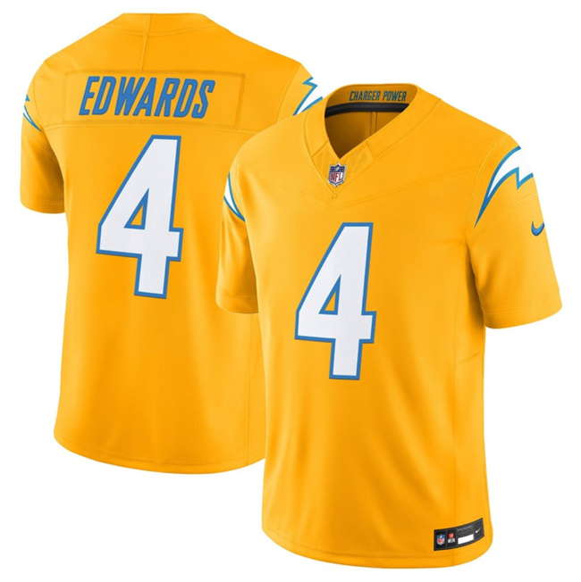 Men's Los Angeles Chargers #4 Gus Edwards Gold 2025 F.U.S.E. Alternate Vapor Limited Stitched Football Jersey Men's Los Angeles Chargers #4 Gus Edwards Gold 2025 F.U.S.E. Alternate Vapor Limited Stitched Football Jersey